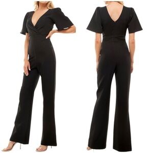 Socialite Surplice Neck Faux Wrap Flutter Sleeve Jumpsuit Black Sz S